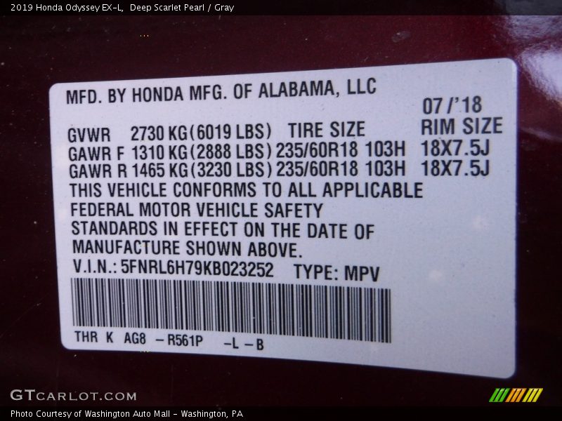 Deep Scarlet Pearl / Gray 2019 Honda Odyssey EX-L