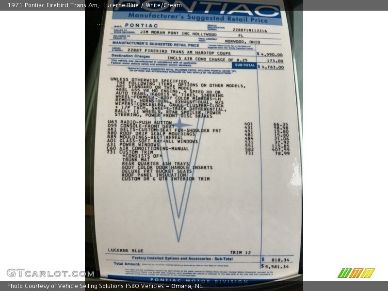 Lucerne Blue / White/Cream 1971 Pontiac Firebird Trans Am