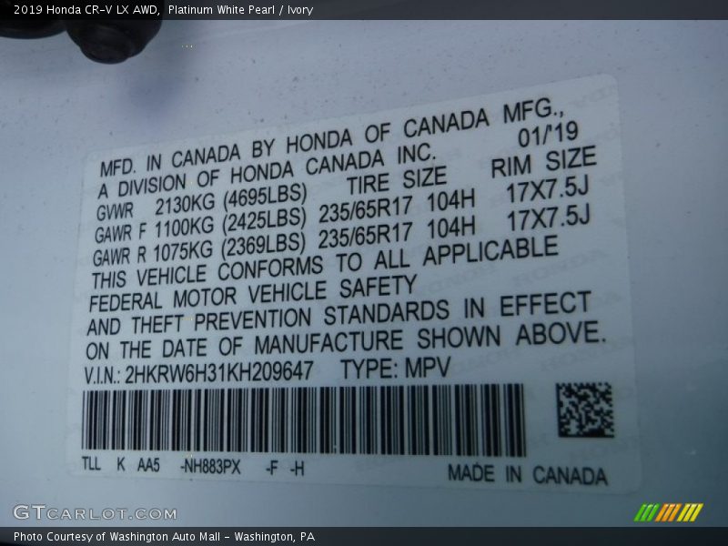 Platinum White Pearl / Ivory 2019 Honda CR-V LX AWD