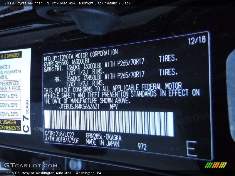 2019 4Runner TRD Off-Road 4x4 Midnight Black metallic Color Code 218
