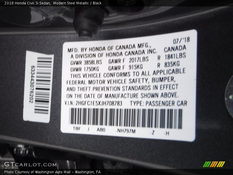 Modern Steel Metallic / Black 2018 Honda Civic Si Sedan