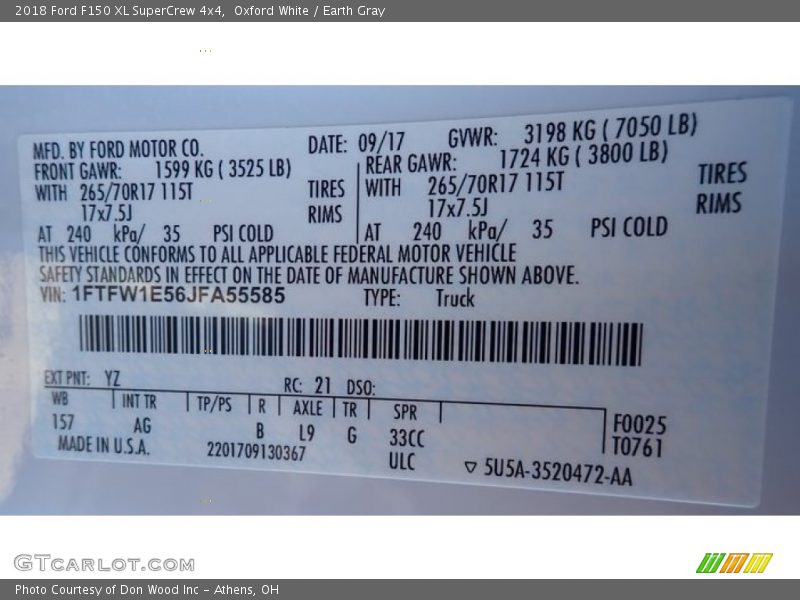 Oxford White / Earth Gray 2018 Ford F150 XL SuperCrew 4x4