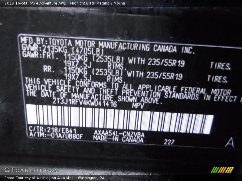 Midnight Black Metallic / Mocha 2019 Toyota RAV4 Adventure AWD