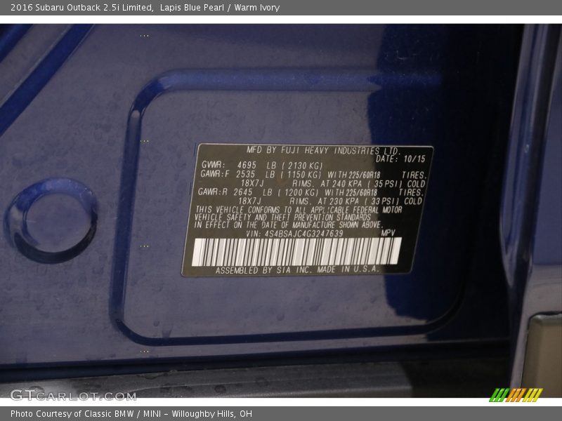 Lapis Blue Pearl / Warm Ivory 2016 Subaru Outback 2.5i Limited