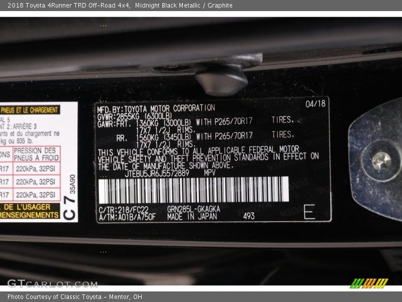 Midnight Black Metallic / Graphite 2018 Toyota 4Runner TRD Off-Road 4x4