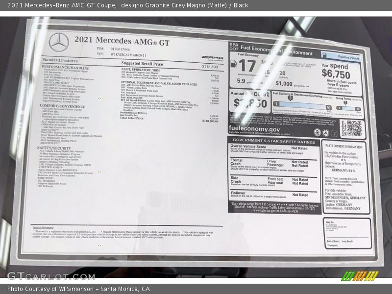  2021 AMG GT Coupe Window Sticker