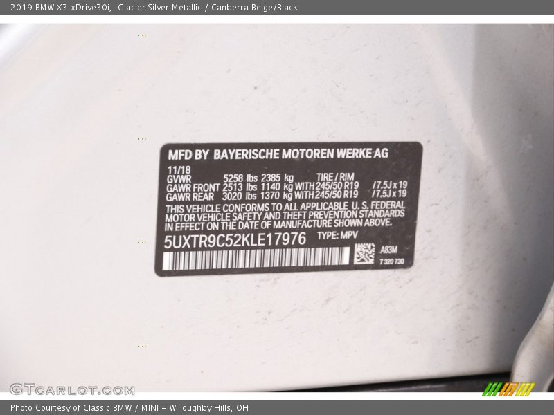 Glacier Silver Metallic / Canberra Beige/Black 2019 BMW X3 xDrive30i