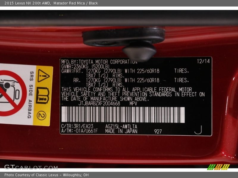 2015 NX 200t AWD Matador Red Mica Color Code 3R1