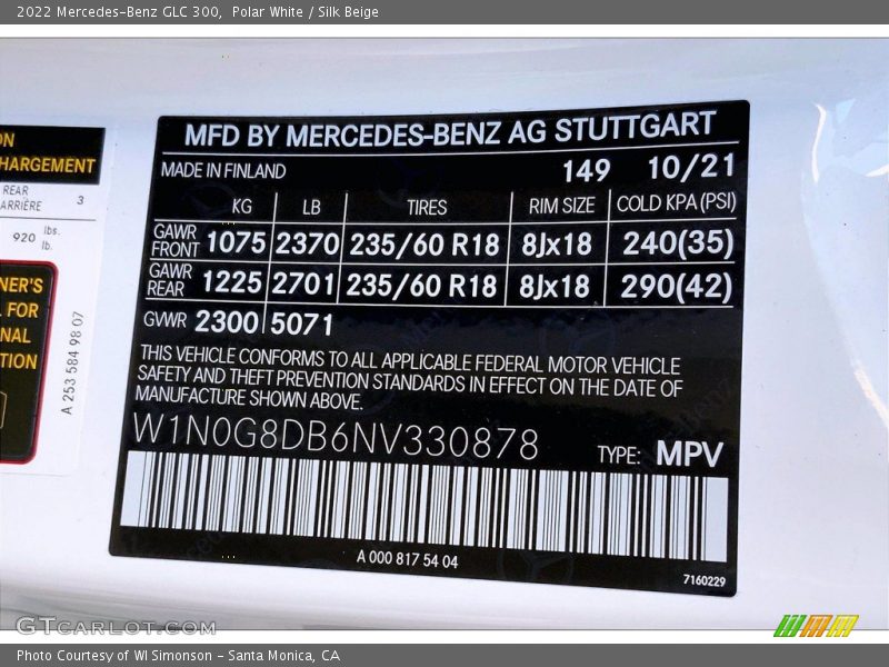 2022 GLC 300 Polar White Color Code 149