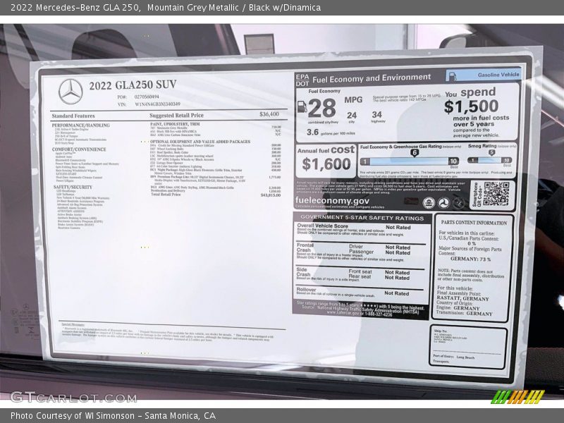  2022 GLA 250 Window Sticker