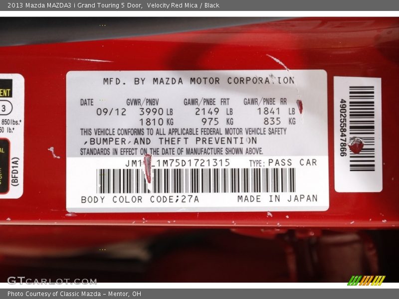 2013 MAZDA3 i Grand Touring 5 Door Velocity Red Mica Color Code 27A