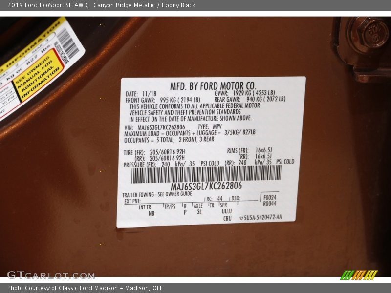 Canyon Ridge Metallic / Ebony Black 2019 Ford EcoSport SE 4WD