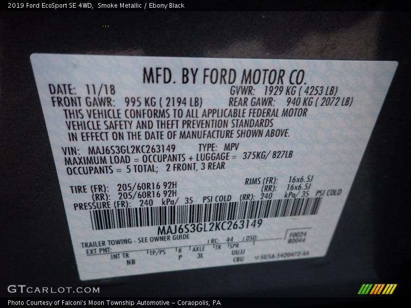 Smoke Metallic / Ebony Black 2019 Ford EcoSport SE 4WD