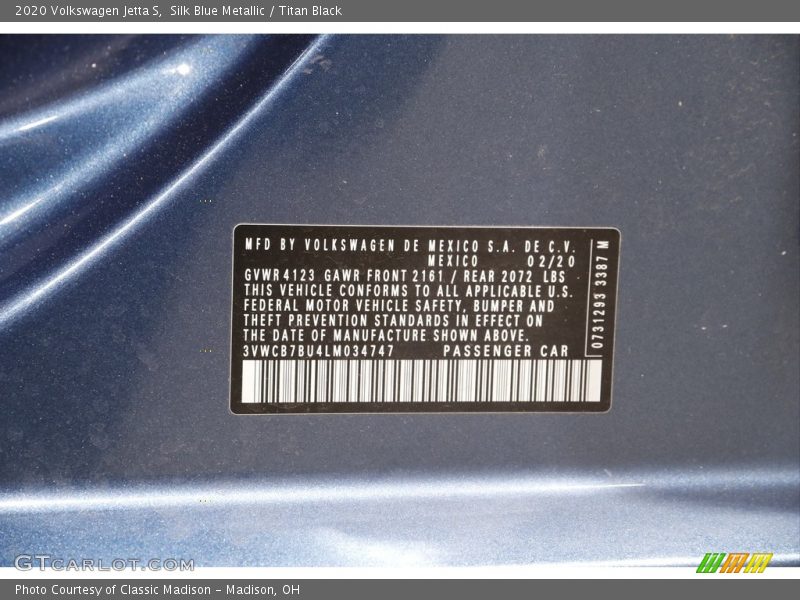 Silk Blue Metallic / Titan Black 2020 Volkswagen Jetta S