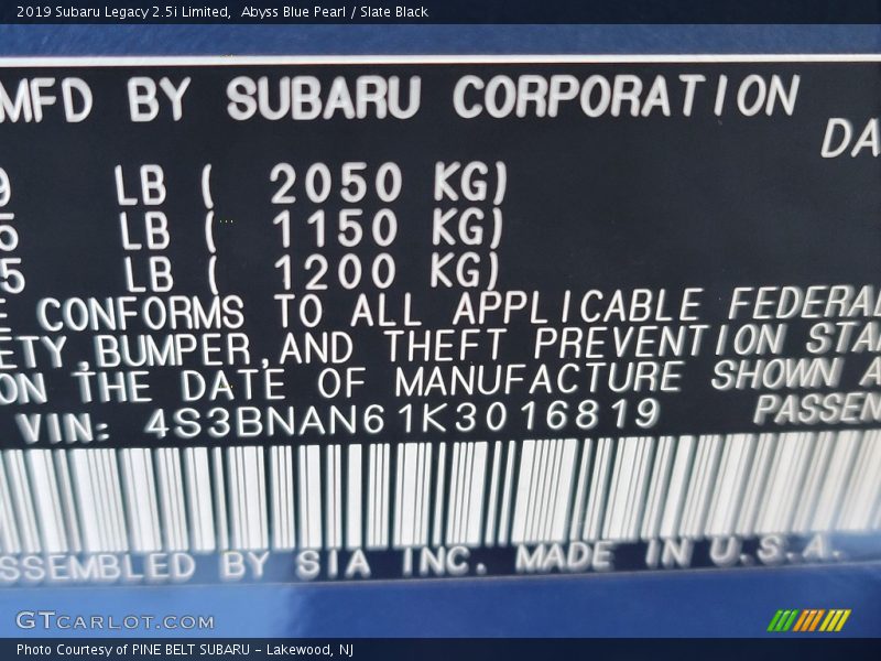Abyss Blue Pearl / Slate Black 2019 Subaru Legacy 2.5i Limited