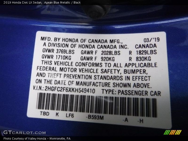 Agean Blue Metallic / Black 2019 Honda Civic LX Sedan