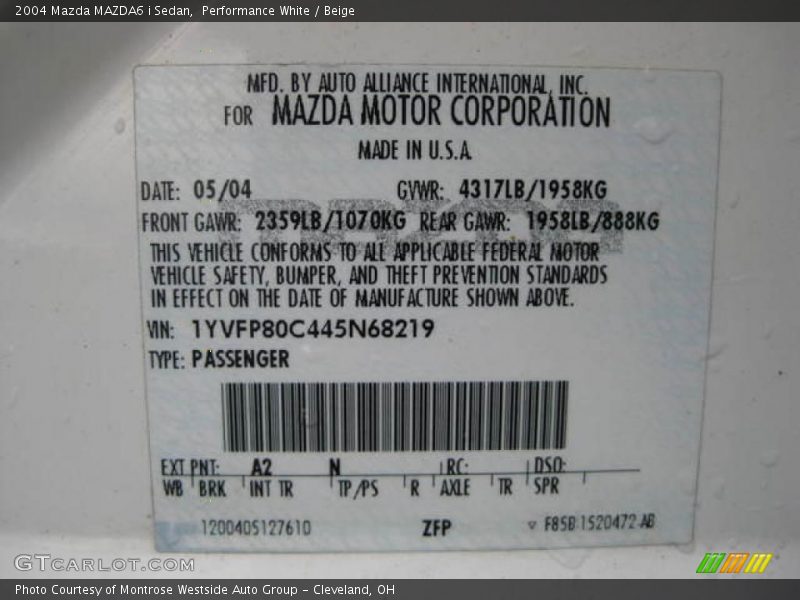 Performance White / Beige 2004 Mazda MAZDA6 i Sedan