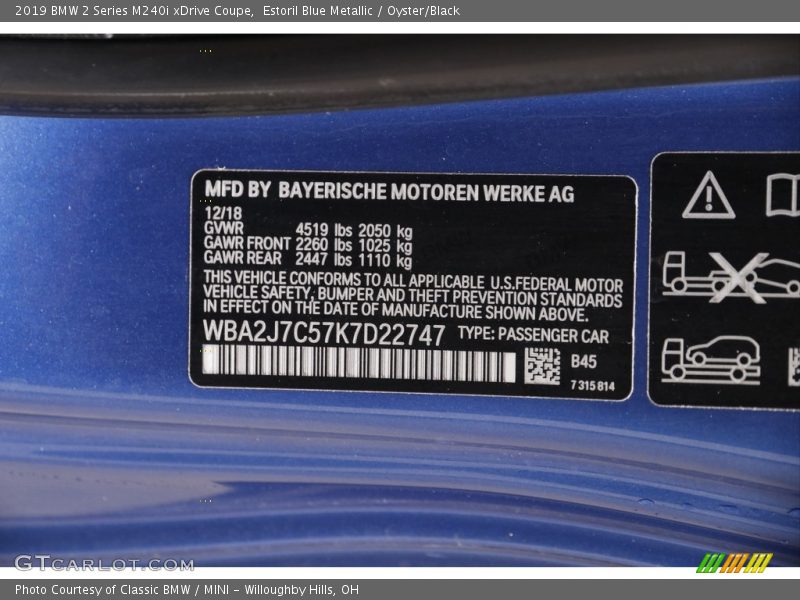 2019 2 Series M240i xDrive Coupe Estoril Blue Metallic Color Code B45