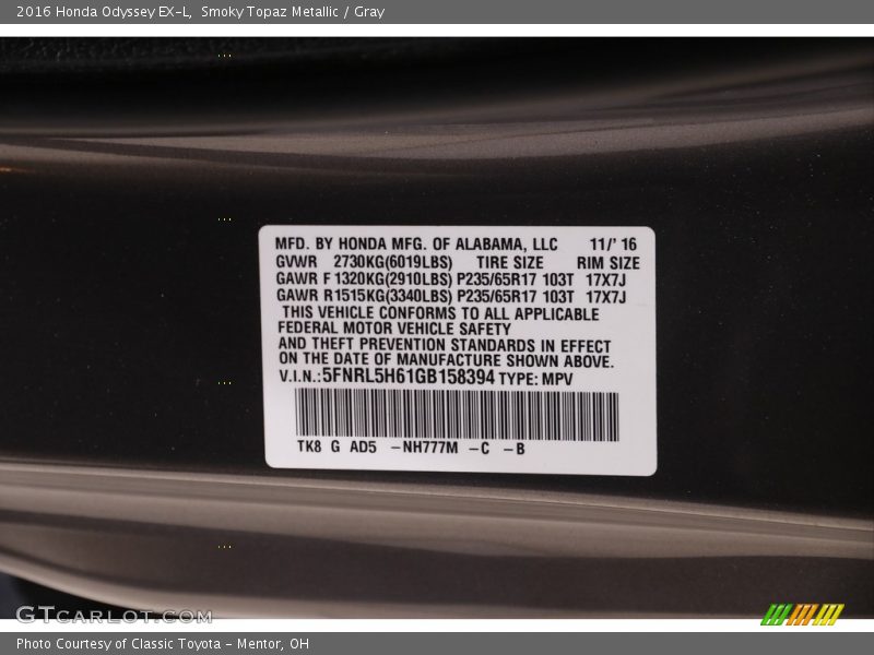 Smoky Topaz Metallic / Gray 2016 Honda Odyssey EX-L