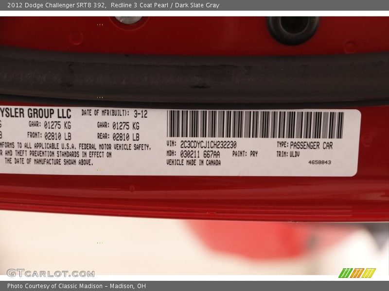 Redline 3 Coat Pearl / Dark Slate Gray 2012 Dodge Challenger SRT8 392