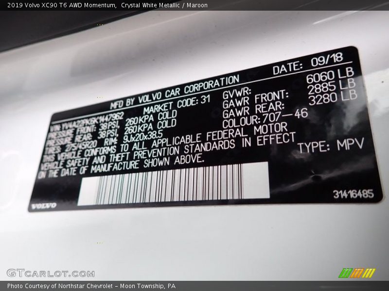 Crystal White Metallic / Maroon 2019 Volvo XC90 T6 AWD Momentum