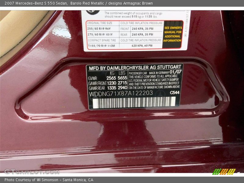 Barolo Red Metallic / designo Armagnac Brown 2007 Mercedes-Benz S 550 Sedan
