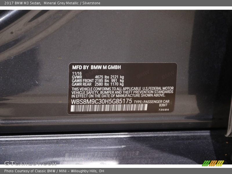 2017 M3 Sedan Mineral Grey Metallic Color Code B39