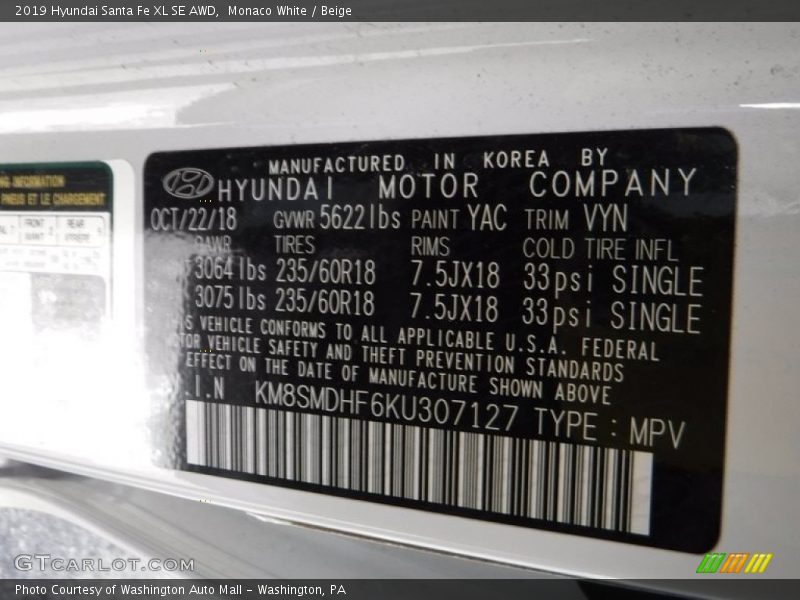Monaco White / Beige 2019 Hyundai Santa Fe XL SE AWD