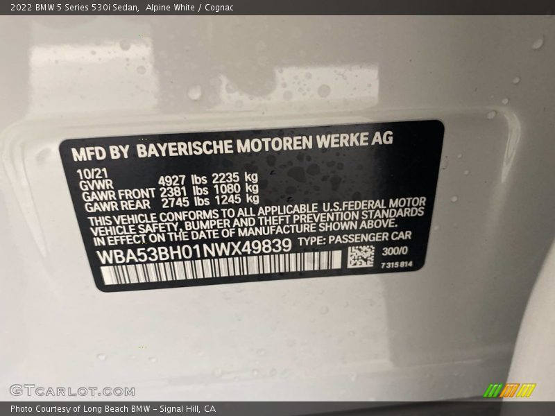 Alpine White / Cognac 2022 BMW 5 Series 530i Sedan