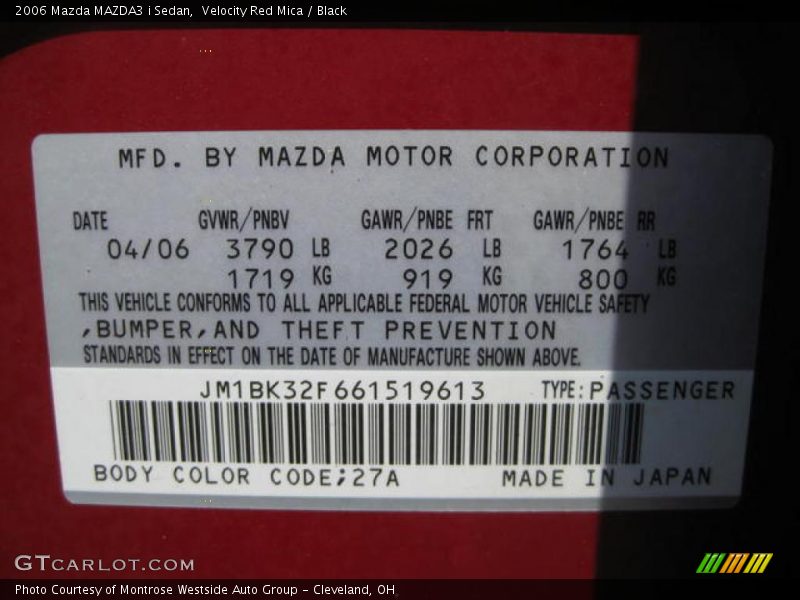 Velocity Red Mica / Black 2006 Mazda MAZDA3 i Sedan