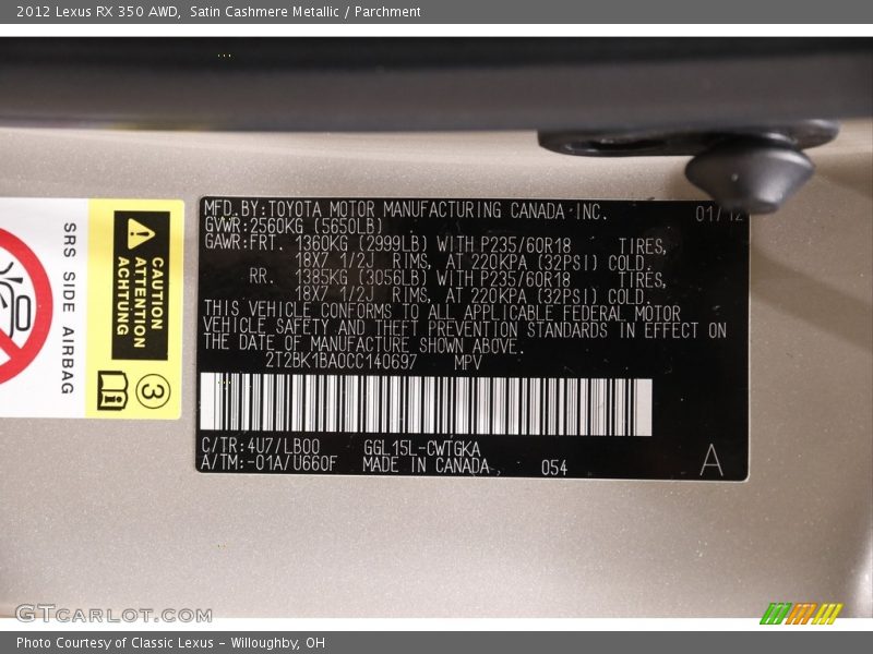Satin Cashmere Metallic / Parchment 2012 Lexus RX 350 AWD
