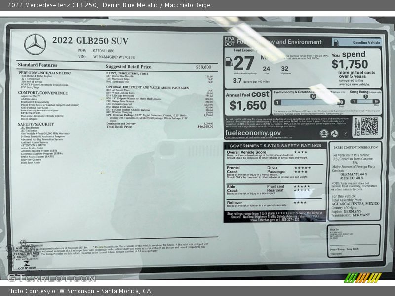  2022 GLB 250 Window Sticker