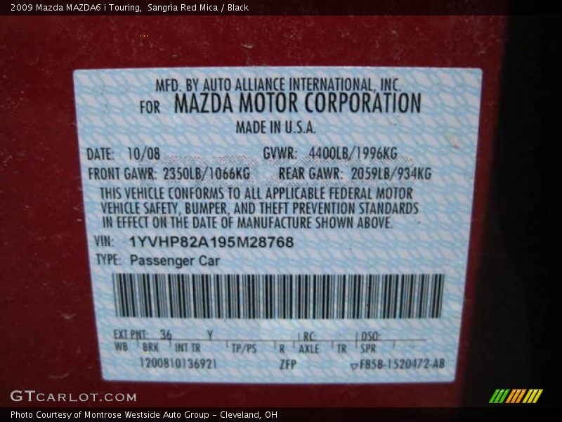 Sangria Red Mica / Black 2009 Mazda MAZDA6 i Touring