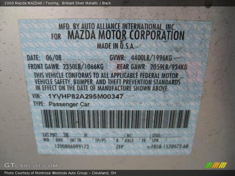 Brilliant Silver Metallic / Black 2009 Mazda MAZDA6 i Touring