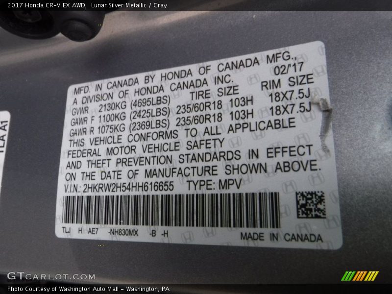 Lunar Silver Metallic / Gray 2017 Honda CR-V EX AWD
