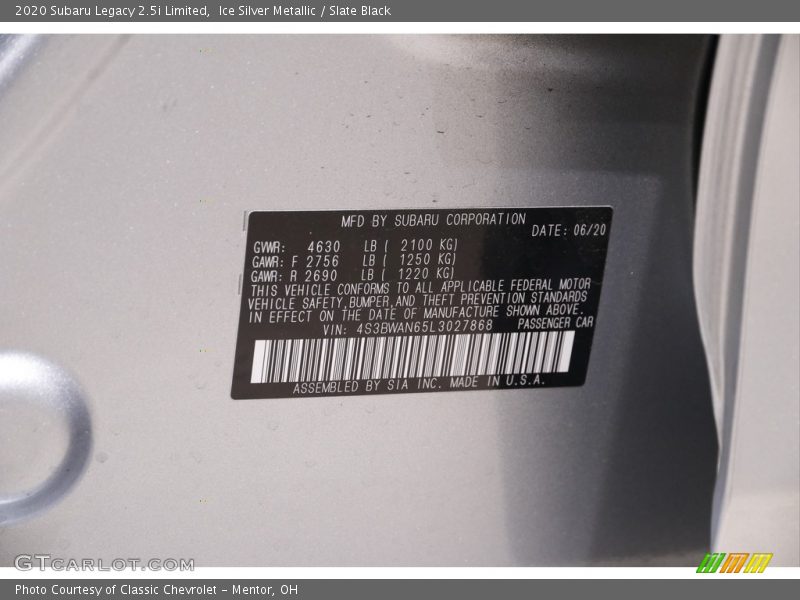 Ice Silver Metallic / Slate Black 2020 Subaru Legacy 2.5i Limited