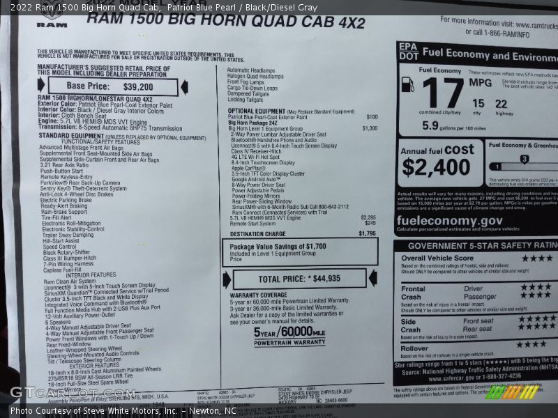 Patriot Blue Pearl / Black/Diesel Gray 2022 Ram 1500 Big Horn Quad Cab