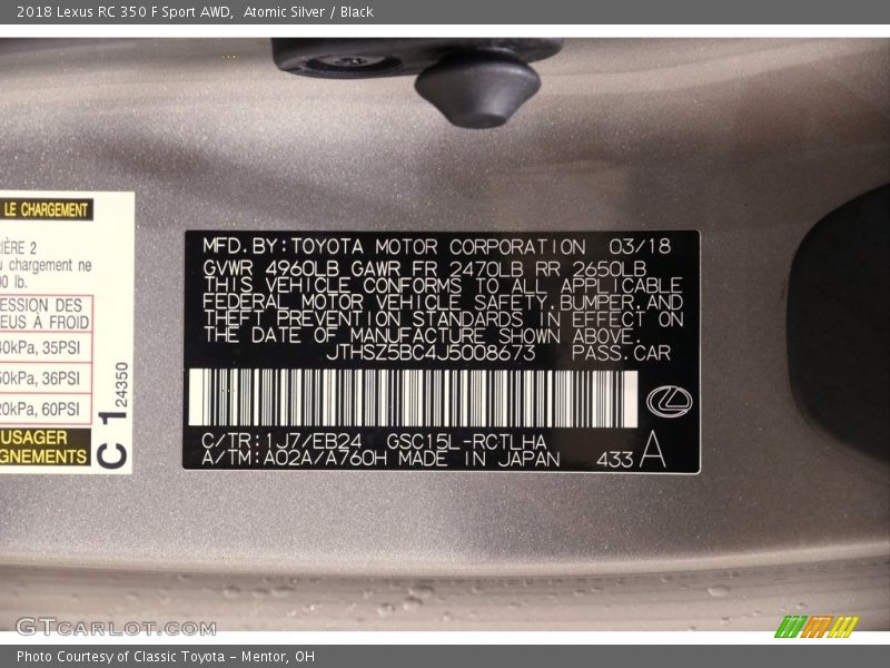 Atomic Silver / Black 2018 Lexus RC 350 F Sport AWD