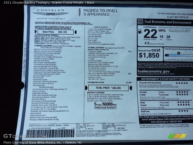 Granite Crystal Metallic / Black 2021 Chrysler Pacifica Touring L