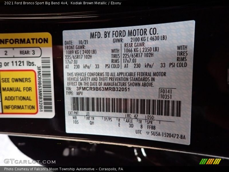 2021 Bronco Sport Big Bend 4x4 Kodiak Brown Metallic Color Code J1