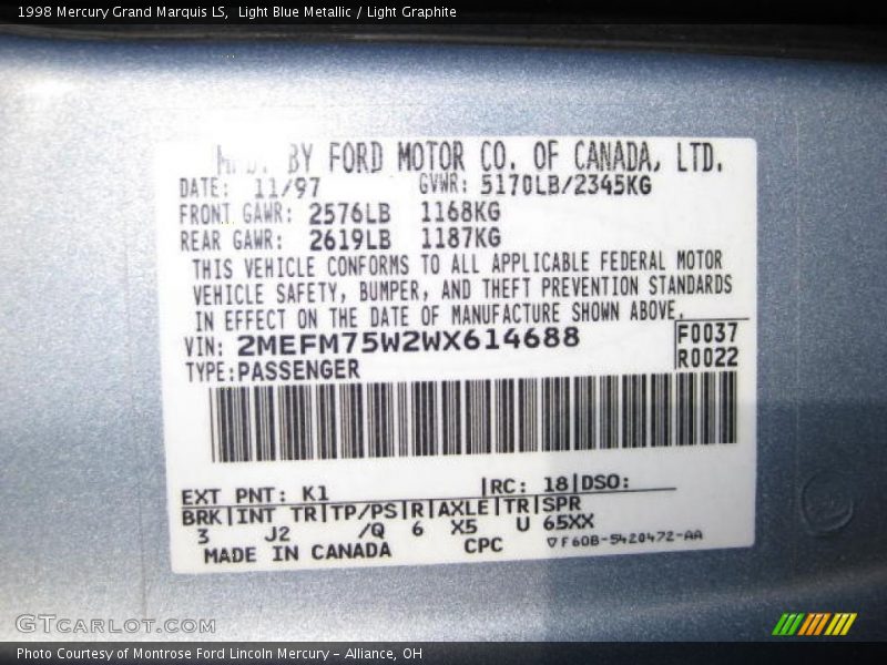 Light Blue Metallic / Light Graphite 1998 Mercury Grand Marquis LS