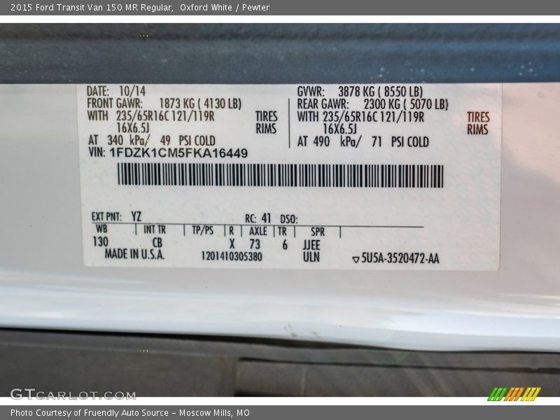Oxford White / Pewter 2015 Ford Transit Van 150 MR Regular