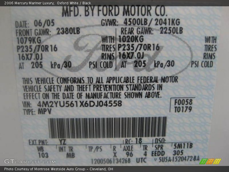 Oxford White / Black 2006 Mercury Mariner Luxury