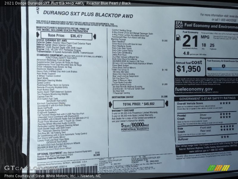 Reactor Blue Pearl / Black 2021 Dodge Durango SXT Plus Blacktop AWD
