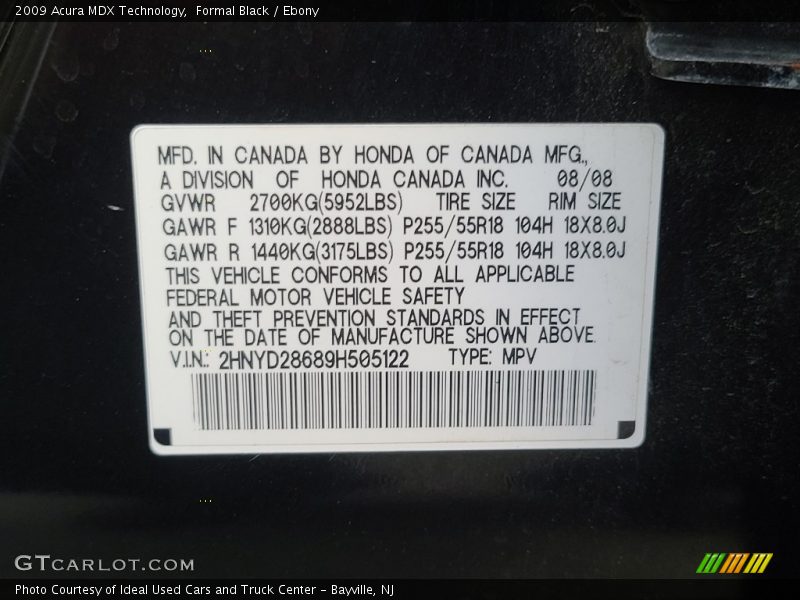Formal Black / Ebony 2009 Acura MDX Technology