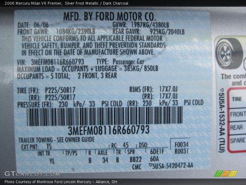 Silver Frost Metallic / Dark Charcoal 2006 Mercury Milan V6 Premier