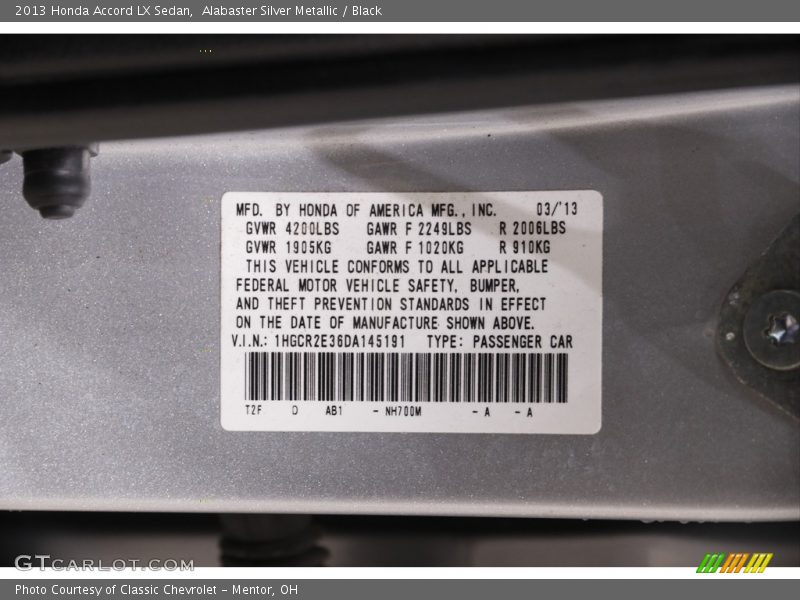 2013 Accord LX Sedan Alabaster Silver Metallic Color Code NH700M
