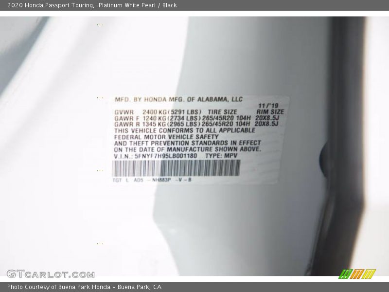 Platinum White Pearl / Black 2020 Honda Passport Touring