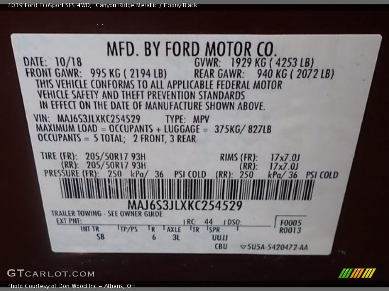 Canyon Ridge Metallic / Ebony Black 2019 Ford EcoSport SES 4WD