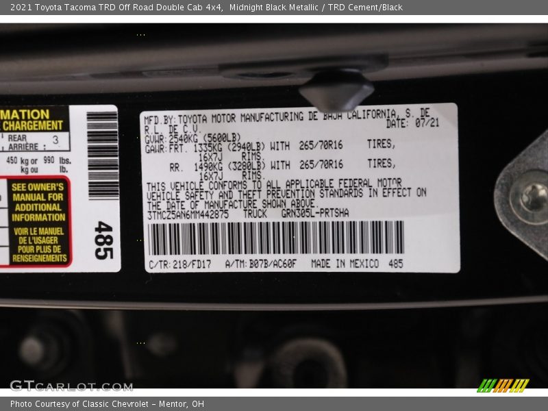 2021 Tacoma TRD Off Road Double Cab 4x4 Midnight Black Metallic Color Code 218